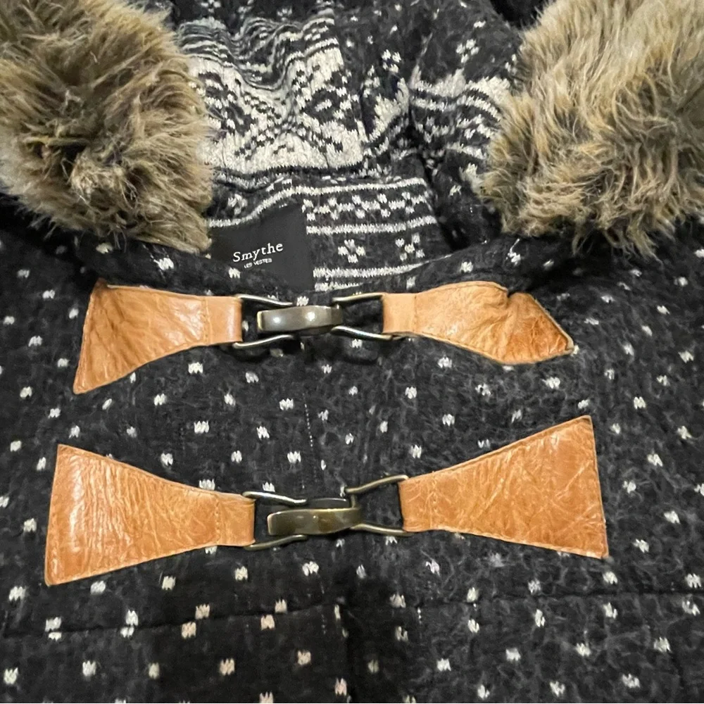 Smythe Fair Isle Fur Trim Hooded Duffle Coat in Dark Grey & Cream - Picture 9 of 11